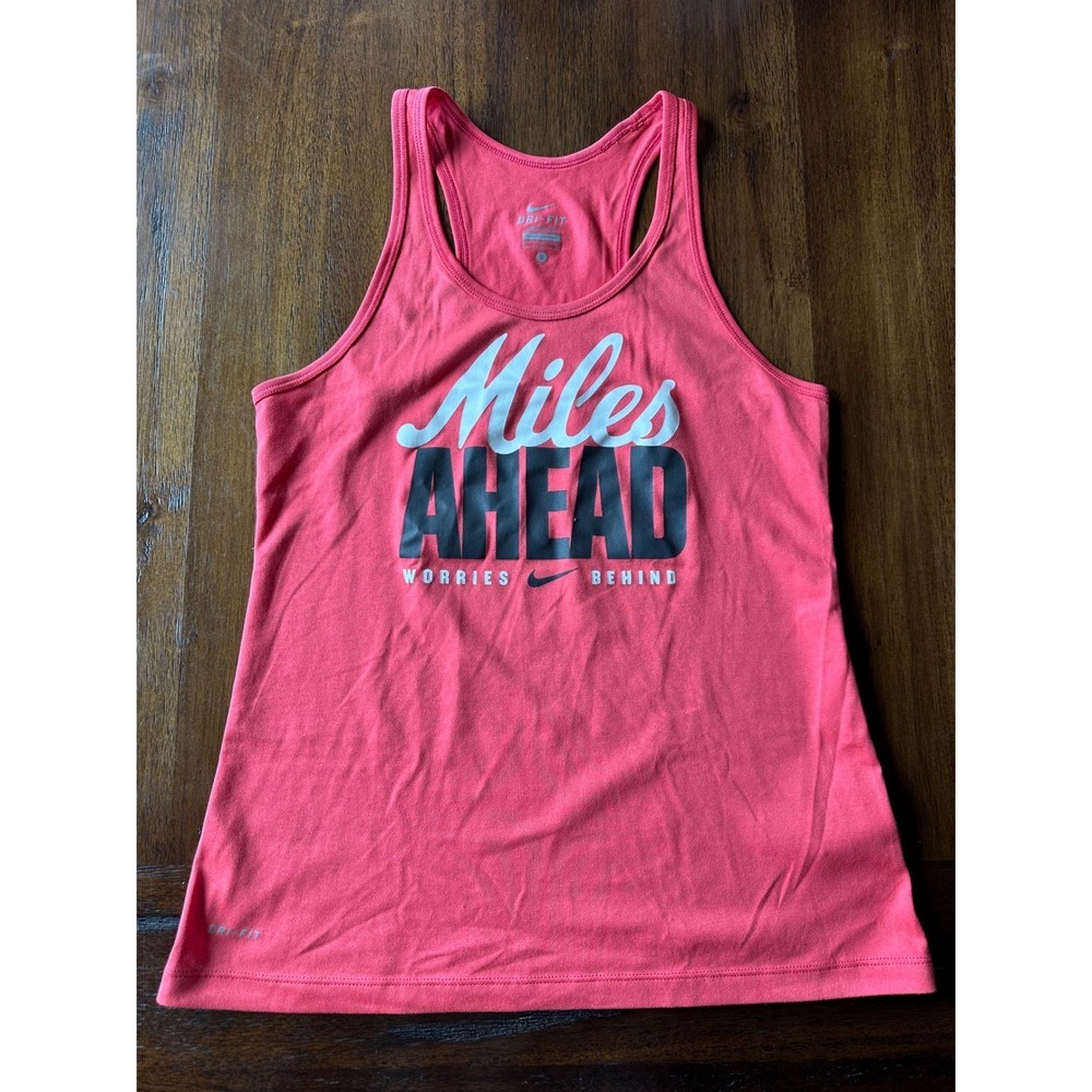 Nike Womens Dri-FIT Miles Ahead Worries Behind Running Tank Top Coral Pink Small